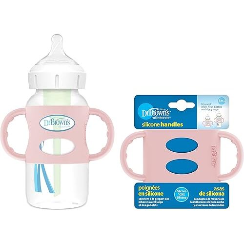 Dr. Brown's Milestones 100% Silicone Baby Bottle Handles, Wide-Neck, Removable Easy-Grip Transitional Sippy Cup Handles, Light Pink, 4m+, 1 Pack