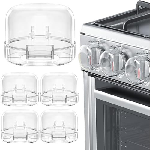 Stove Knob Covers for Child Safety (5 Pack), Stove Knob Safety Covers, Childproof Oven Lock Knob Covers with Adhesive, Prevent Kids-Pets from Gas Stove Knob Locks, Heat-Resistant Upgraded-Clear