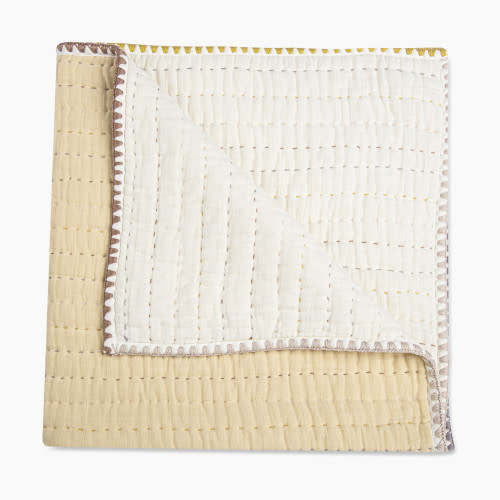 Crane Baby Cotton Muslin Kantha Baby Quilt - Cream And Natural