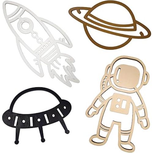 4 Pcs Space Trio Nursery Wall Decor Astronaut Wooden Wall Decor Space Themed Bedroom Decor Solar System Stickers for Nursery Playroom Bedroom Wall Decor Sticker Decal