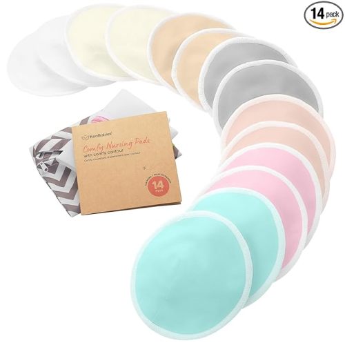 Organic Nursing Pads - 14 Washable Viscose Derived from Bamboo Breastfeeding Pads, Wash Bag, Reusable Breast Pads for Breastfeeding, Nipple Pads for Breastfeeding Essentials(Pastel Touch, L 4.8")