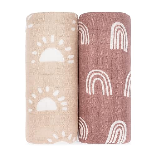 Comfy Cubs 2 Pack Muslin Swaddle Blankets Neutral Receiving Blanket Swaddling, Wrap for Boys and Girls, Baby Essentials, Registry & Gift (Sun and Rainbow)