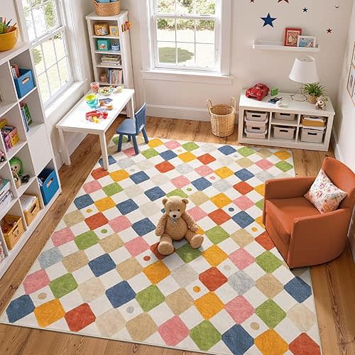 jinchan Macy 8x10 Kids Area Rug for Classroom Modern Colorful Nursery Rug Checkered Diamond Play Mat Washable Soft Non Slip Carpet for Playroom Living Room Bedroom Daycare Circus on Cream