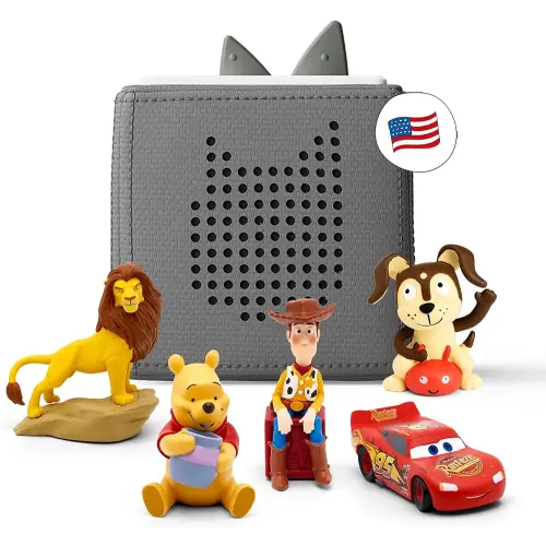 Toniebox Audio Player Starter Set with Woody, Lightning McQueen, Simba, Winnie-The-Pooh, and Playtime Puppy - Listen, Learn, and Play with One Huggable Little Box - Gray