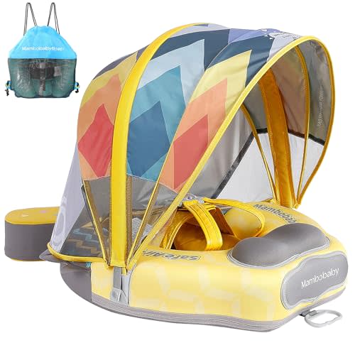 Mambobaby Float Upgrade Add Tail Baby Float with Canopy for Infant Waist Swimming Ring Swim Trainer Non-Inflatable Floats Toys with Adjustable Safety Strap (Yellow - Colorful Fish)