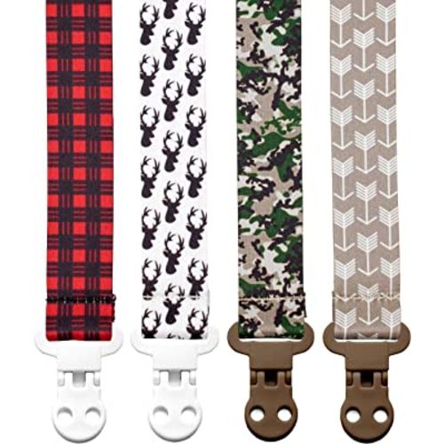 Stadela Baby Pacifier Clip Leash Soothie Holder Unisex for Girl or Boy 4 Pack Gift Set Universal Fit (Hunting Adventure)