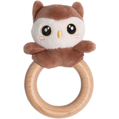 Pearhead Owl Wooden Baby Teether - Soft Plush Lovey, Baby Keepsake