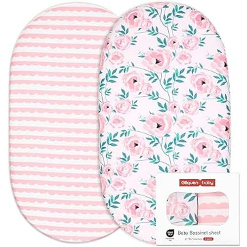 Gllquen Baby Bassinet Crib Sheets Set, Breathable Cozy Fitted Mattress Sheet, Elastic Travel Crib Fashionable Floral Pattern, Standard Cradle Safe Sheets for Baby Boy Girls 32"X16" (Pink Flower)