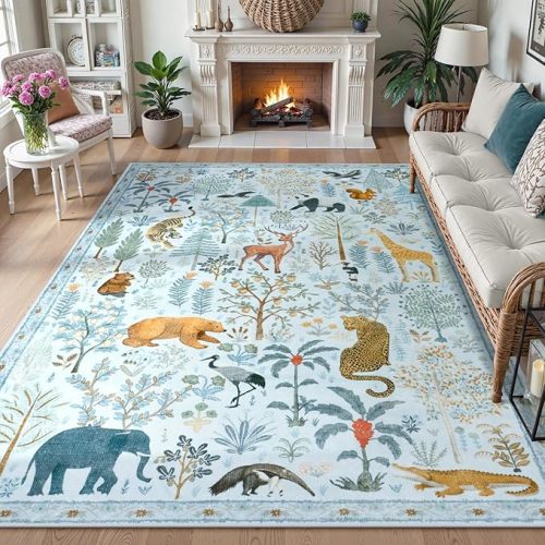 Animal Print Washable Area Rug 5x7, Soft Nursery Rugs for Living Room Ultra-Thin Non-Shedding Kids Bedroom Rug, Stain Resistant Throw Rug Large Carpet for Dining Room, Light Blue
