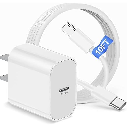 iPhone 16 15 Charger Block and 10ft Type C to C Cable Cord Long, 20W USB C Fast Charging Plug for Apple iPhone 16 Pro Max/16 Plus/16/15 Pro/15/AirPods/iPad Air/Mini/Wall Power Adapter Cube Brick Box