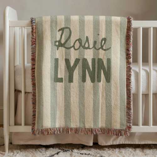 Striped Baby Blanket, Custom Name Baby Blanket, Personalized Woven Throw Blanket For Newborn