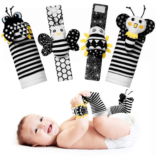 Baby Toys 0-6 Months - High Contrast Baby Toys for Newborn Toys 0-3 Months Brain Development Infant Toys Baby Rattles 6-12 Months Black and White Baby Rattle Socks & Wrist Toys Gifts for Boys Girls