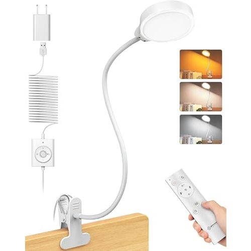 Glocusent Brighter Clip on Lamp with Remote, Eye-Caring Clip on Light for Bed Headboard, 3 Color & 5 Brightness Bed Lamp, 30-Min Auto-Off Timer, Reading Light with Adapter
