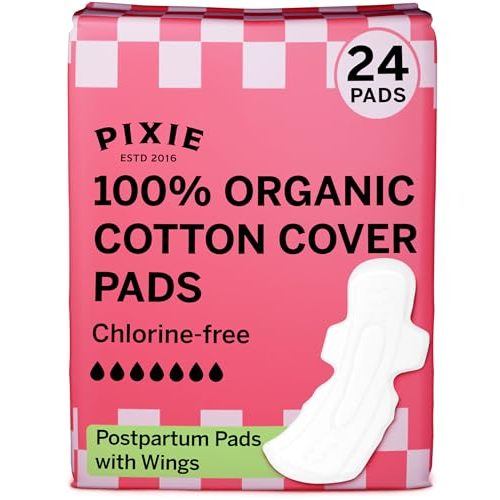 Pixie Cup Organic Cotton Postpartum Pads for Women - Extra Heavy Absorbency with Wings - Leak-Proof, Hypoallergenic & Unscented - Compostable, Biodegradable - 24 Count
