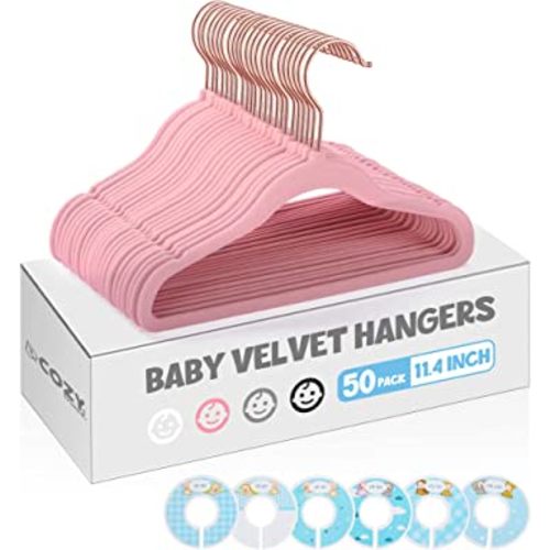COZYMOOD Velvet Baby Hangers for Closet, 50 Pack, Non-Slip, Space Saver, Ultra-Thin, Small Hangers for Infant & Toddler Clothes, Pink
