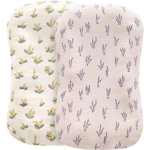 LifeTree Muslin Baby Lounger Cover Neutral, Newborn Slipcover Lounger Cover for Boys Girls Infant, Soft Organic Cotton, Cover Only, Acacia and Lavender Pattern, 30.7in x 20in