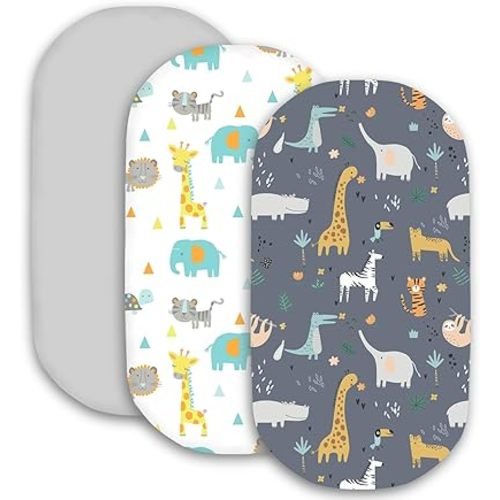 Little Grape Land Bassinet Sheets for Baby Boys Girls 3 Pack, 33" x 18" Extra Soft Breathable Fitted Bassinet Sheets, Bedside Sheets Fit for Oval Rectangle and Hourglass Bassinet Mattress (Animal)