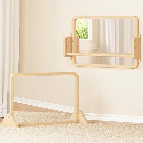 Woodtoe 3-in-1 Montessori Mirror with Bar, Adjustable Toddler Mirror & Pull Up Bar, Montessori Learning Toy for Baby 6-18 Months, Nursery Mirrors, Natural Wood Furniture for Daycare, Kids Classroom