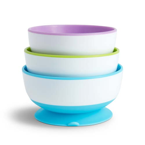 Munchkin Stay Put Suction Round Bowls, Plastic, Multi-Color, 3 Pack