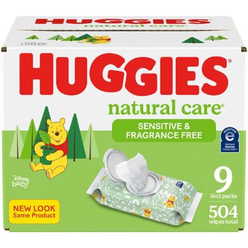 Huggies Natural Care Sensitive Baby Wipes, Unscented, Hypoallergenic, 99% Purified Water, 9 Flip-Top Packs (3 packs of 3), 504 Total Wipes (56 Wipes per pack), Packaging May Vary
