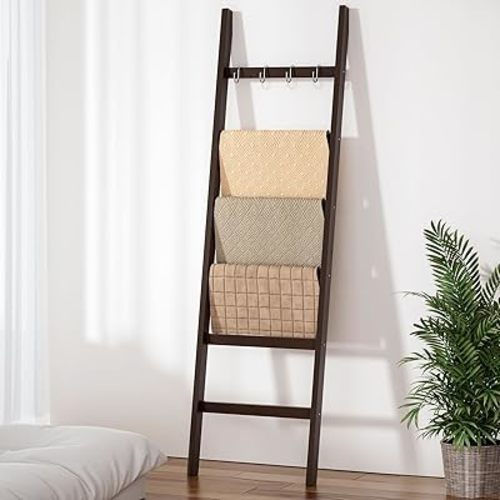 Blanket Ladder 6-Tier,Bamboo Towel Rack with 2 Anti-Tip Straps and 4 Hooks, Easy Assembly Wall-Leaning Rack, Rustic Decorative Farmhouse Storage Shelf (Brown)