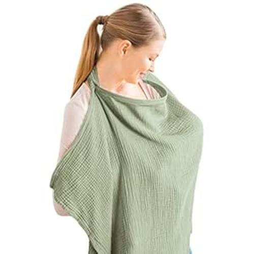 Konssy Muslin Nursing Cover for Baby Breastfeeding, Breathable 100% Cotton Breastfeeding Cover with Rigid Hoop for Mother Nursing Apron, Multi-use Carseat Canopy (Sage)