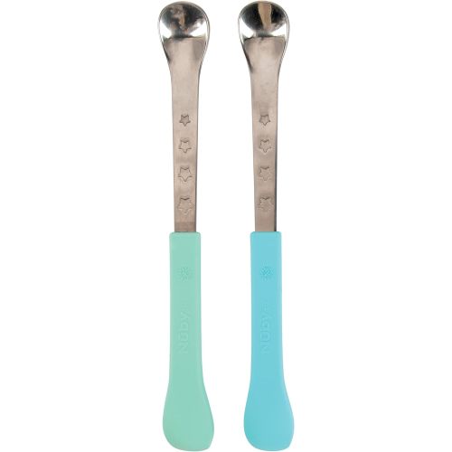 Nuby 2 in 1 Silicone and Stainless Steel Dual Ended Feeding Spoons for Baby, Aqua/Blue