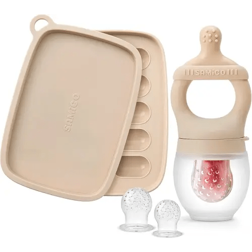 SAMiGO Baby Food Fruit Feeder and Breastmilk Popsicle Mold Set, Silicone Fruit Teether, Food Feeder Pacifier for Teething Relief, Freezer Tray, Baby Feeding Essentials, 4 Months+