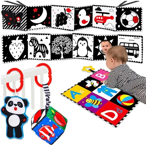 4 PCS Black and White High Contrast Baby Toys 0-3-6 Months Newborn Essential Montessori Toy for Babies Crinkle Sensory Book Brain Development Tummy Time Mirror Infant Carseat Rattle Easter Shower Gift