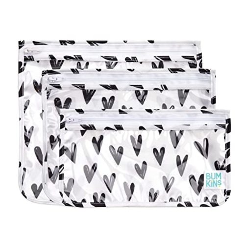 Bumkins Travel Bag, Toiletry, Baby, TSA Approved Pouch, Zip Bag, Quart Size Compliant, Clear-Sided, Diaper Bag Organization, Makeup, Accessories, Set of 3 - Hearts