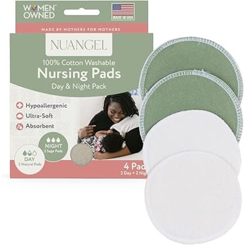 NuAngel Day & Night Reusable Nursing Pads for Breastfeeding, 100% Cotton—Day 4‑Layer, Night 8‑Layer Overnight Protection – 4 Pack (Natural/Sage)