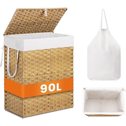 Sweetcrispy Foldable Laundry Hamper–Large Capacity Clothes Basket with Lid, 23.8 Gallon (90L) Bin for Bedroom, Bathroom, and Wash Room–Double Insert Storage Organizer, Goose Yellow