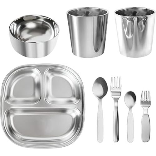 Kids Dinnerware Set 8-Piece | Divided Toddler Plates with Spoon Fork | 304 Stainless Steel Baby Feeding Set | BPA-Free Dishwasher Safe | Learning Tableware Kit Gift (CG/8)