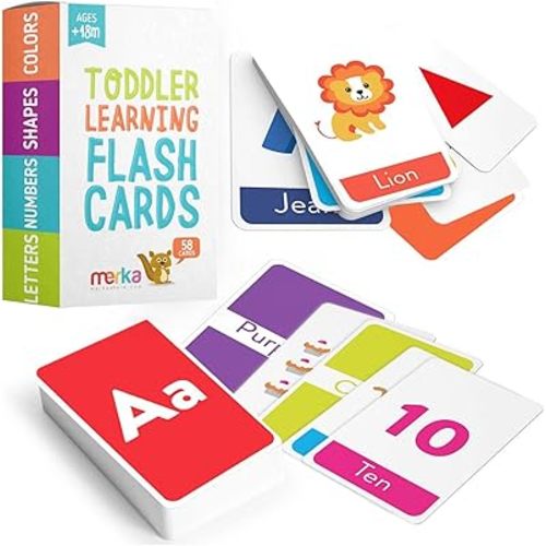 merka Toddler Flash Cards, Set of 58 Alphabet, Letters, Colors, Shapes and Numbers, Baby Learning Cards, Educational, Preschool, Toddler Flashcards, Double-Sided, for Toddlers 1-4 Years