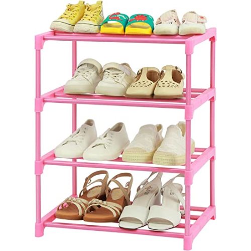 4-Tier Free Standing Shoe Racks for 6-8 Pairs Shoe Storage,Kids Shoe Racks for Small Place,Lightweight Stackable Shoe Shelf Organizer for Entryway, Doorway and Closet,Pink