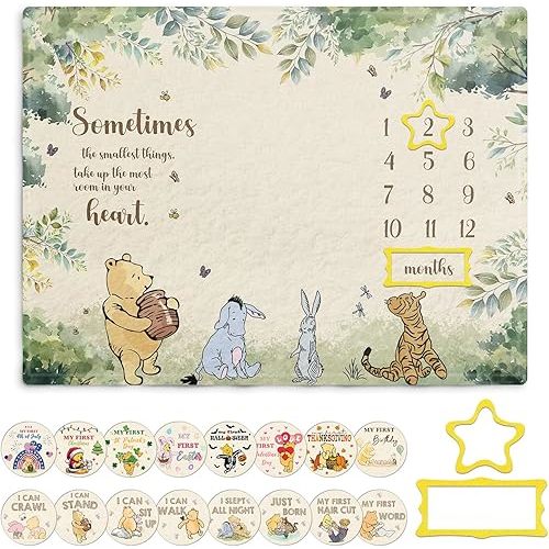 Winnie Milestone Blanket for Baby, the Pooh Baby Milestone Blanket, Winnie Quotes Baby Milestone Blanket, Newborn Photography Background Decor, with 8pcs Double-sided Printed Holiday Cardstock 30*40in