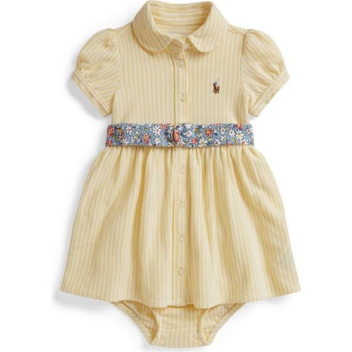 Oxford Stripe Cotton Piqué Belted Shirtdress & Bloomers, 6M