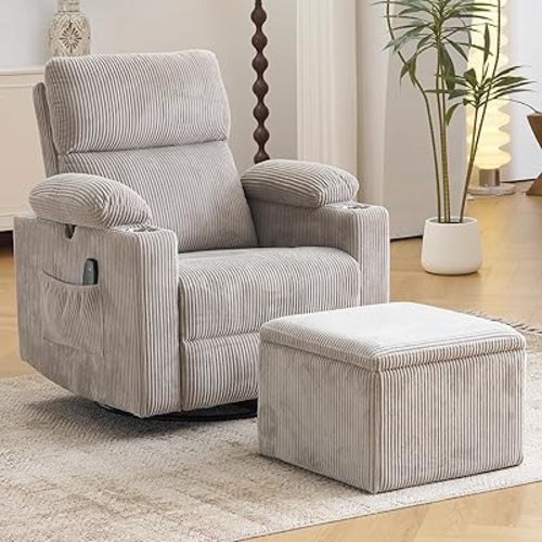 Oversized Power Recliner Chair Swivel Glider with Massage and Heat, Corduroy Grey