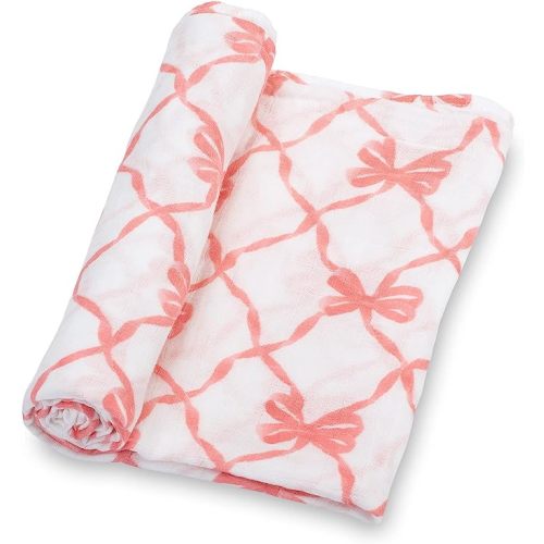 LollyBanks Baby Blankets, 100% Muslin Cotton Swaddle Blanket for Girls, Soft and Large 47 x 47 Inches Newborn Swaddle, Breathable Baby Receiving Blankets, Registry (Pink Bow Print)