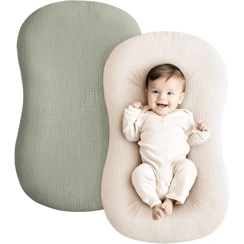 Konssy Muslin Baby Lounger Cover 2 Pack, 100% Cotton Newborn Lounger Cover, Soft and Breathable Lounger Cover for Boys Girls, Covers Only (Fog Green,Cream)