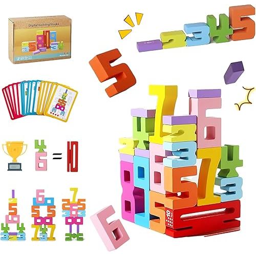 20Pcs Wooden Number Building Blocks, Wooden Number Blocks with 15Pcs Instruction Card, Wood Numberblocks for Learning Games