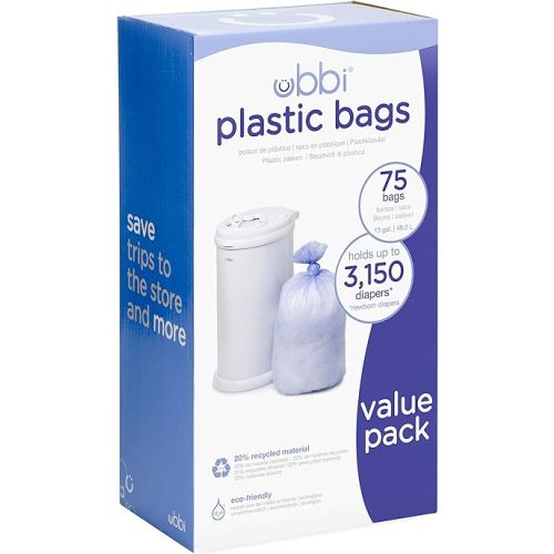 Ubbi Diaper Pail Plastic Bags, Disposable Baby Waste Bags, 3 Pack, 75 Count, 13-Gallon Bags