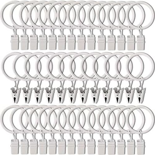 AMZSEVEN 40 Pack Curtain Rings with Clips, Drapery Clips with Rings, Hangers Drapes Rings 1.26 Inch Interior Diameter, Fits up to 1 Inch Curtain Rod, White