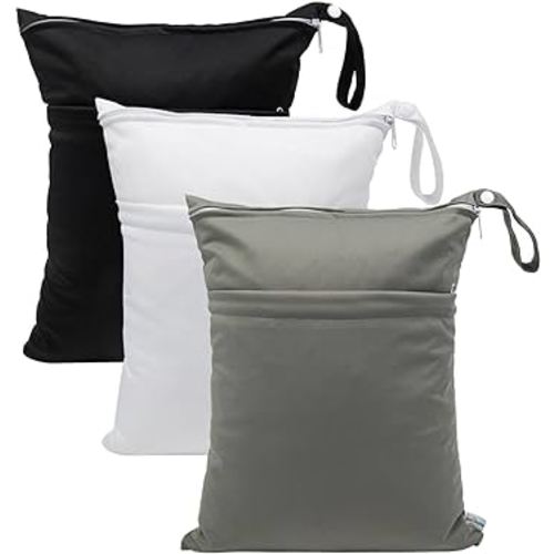 babygoal Wet Dry Bags for Baby Cloth Diapers, Waterproof Washable Travel Bags, Beach, Pool, Gym Bag for Swimsuits & Wet Clothes with 2 Pockets 3 Pack L-BWG