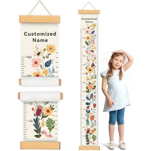 Personalized Name Growth Chart for Kids, Flower Canvas Height Chart Ruler Removable Hanging Wall Ruler Measurement Chart for Home Decoration, Waterproof Measuring Board, Foldable