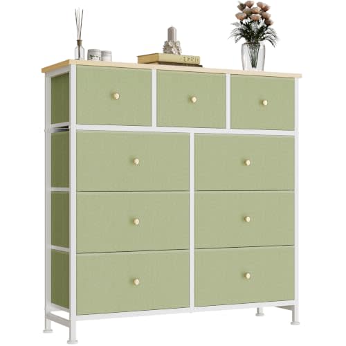 Fabric Dresser for Bedroom with 9 Drawers, Storage Tower | Wood Top and Metal Frame Organizer for Clothes, Closet, Entryway, Hallway, Living Room Furniture, Light Green