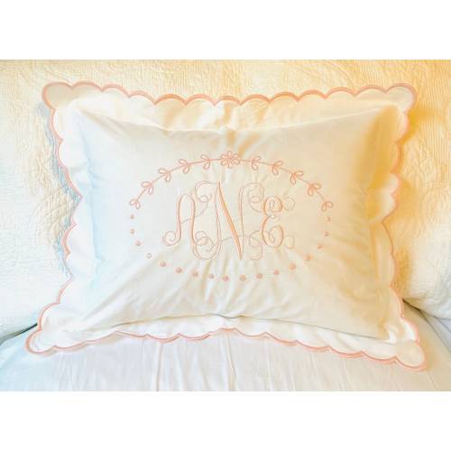 Personalized, Monogram, Embroidered, Ribbon Crest, Pink or White Scallop 12 x 16, Sham, Baby, Nursery, Boudior, Sham, Keepsake Gift
