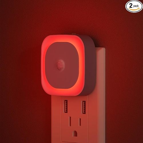 2 Pack Plug in Red Sleep Night Light with Motion Sensor & Dusk to Dawn Sensor, Soft Glow, Dimmable, LED Lights for Bedroom, Sleep, Baby Nursery, Kids, Toddler, Bathroom, Hallway, Home Decor