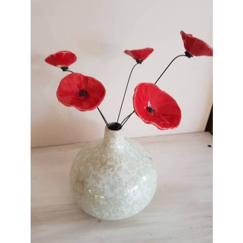 5 small red ceramic poppy flowers on wire for decoration