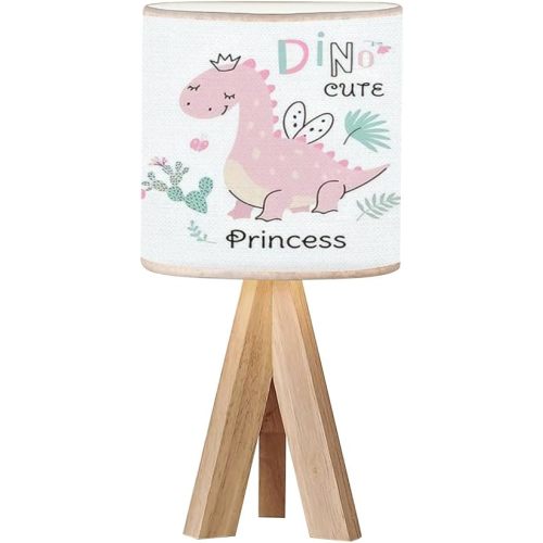 Tripod Bedside Desk Table Lamp Princess Girl Dino Cute Dinosaur Fairy Baby Sweet Graphic Poster Wood Nightstand Lamp with Linen Fabric Shade for Nursery Bedroom Living Room Kids Room